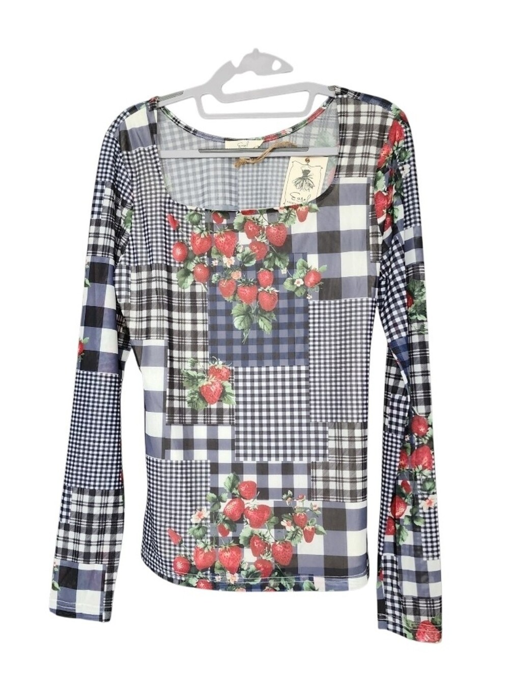 Strawberry Patch Plaid Long Sleeve Top - Blue/Red